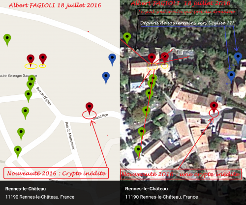 Les relevés GPS de plusieurs souterrains et l'emplacement d'une crypte inédite près du restaurant le Dragon de Rhedae, le 18 juillet 2016. (Albert Fagioli)