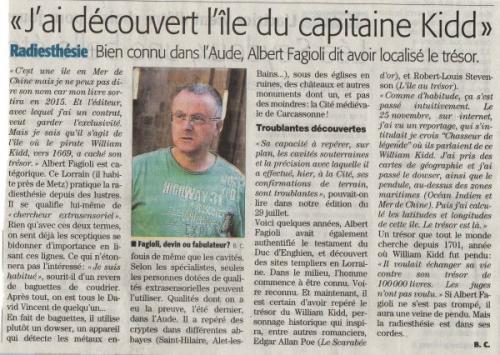 Voici le premier article parlant de la découverte de l'ile au trésor du capitaine William Kidd. (Bruno Coince du Midi-Libre/l'Indépendant du dimanche 07 décembre 2014)