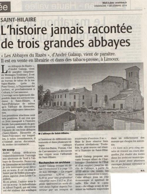 Le dernier livre de Mr André Galaup, " Les Abbayes du Razès ", Le Midi-Libre/ L'Indépendant du dimanche 07 décembre 2014.(Bruno Coince)