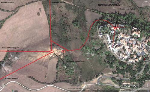 le souterrain qui sort du domaine de Rennes-le-Château et les  deux salles souterraines en dehors du domaine.(Photo Google Earth) (Albert Fagioli)