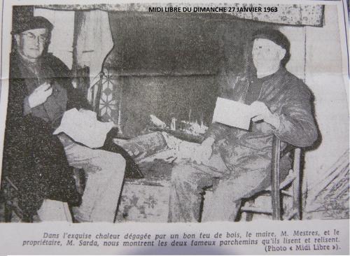 Deux parchemins officiels découvert dans le château de Pieusse ou dans l'ancien couvent des soeurs. (MIDI-LIBRE 27 JANVIER 1963)