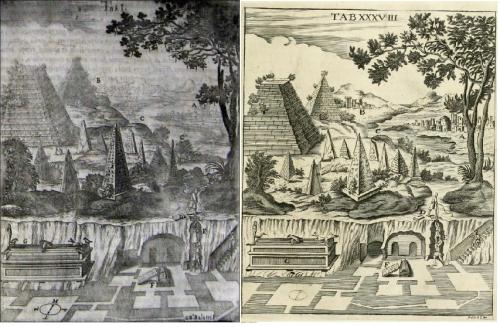 Croquis du plateau de Gizeh, par Athanasius Kircher et du Père Joannes Ciampinus. (1601 / 1680) et (1633 / 1698) (Page 1)