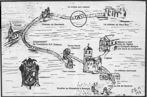 Le tracé du souterrain aux trésors selon les révélations de Jean Künigold en 1642 (d’après Félix Schneider)