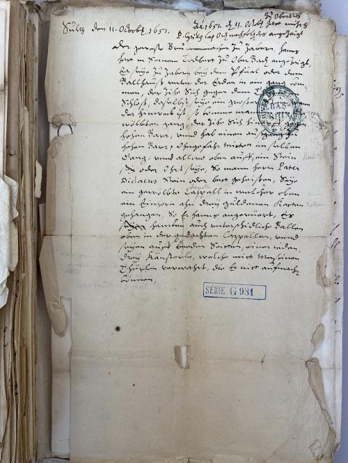 Rapport du Père Cyrille au sujet de l’ancien fontainier à Saverne (11/10/1651)Archives Départementales du Bas-Rhin,G981 (Page 1)