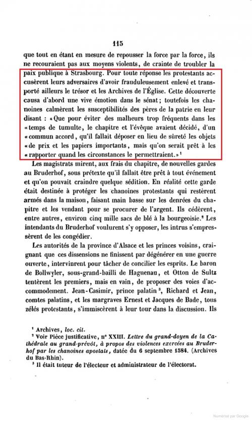 Un passage intéressant qui parle du trésor du chapitre et des archives de la Cathédrale de Strasbourg.(Page115,1859,Marie Théodore Renouard)