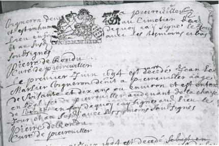 Acte de décès d'un habitant de Pierrevillers en juin1694. Jean Le Marlier. (Ancêtre de Jean-Claude Dehlinger)