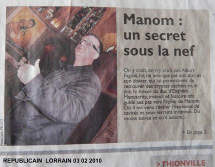 Le Républicain Lorrain, mercredi 3 février 2010, page1.(Manom un secret sous la nef) (Photo Julio Pelaez) (Vincent Trimbour)