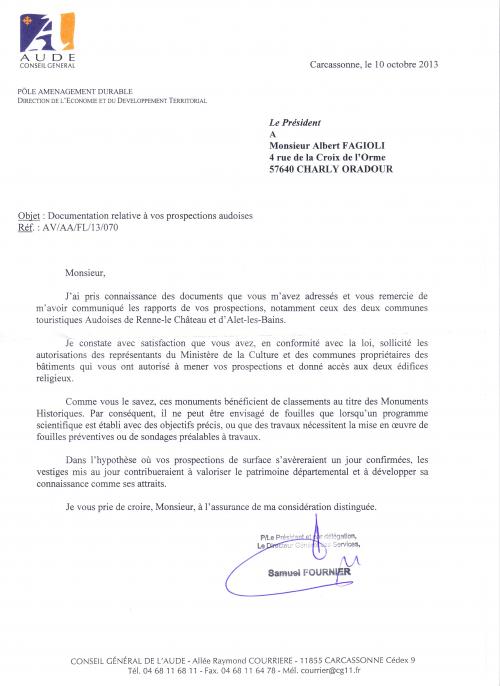 Réponse du Conseil Général de l'Aude suite à l'envoi des rapports concernant les vestiges se trouvant sous l'églised'Alet-les-Bains  et de Rennes-le-Château. (Samuel Fournier)