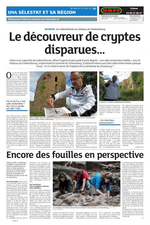 Les DNA, dimanche 4 octobre 2015, " Le découvreur de cryptes disparues... ". (Aurore Bac) (Franck Delhomme)