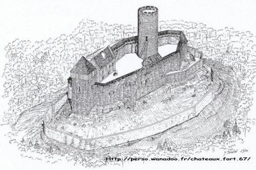 Dessin représentant le château du Frankenbourg. (Reconstitution)