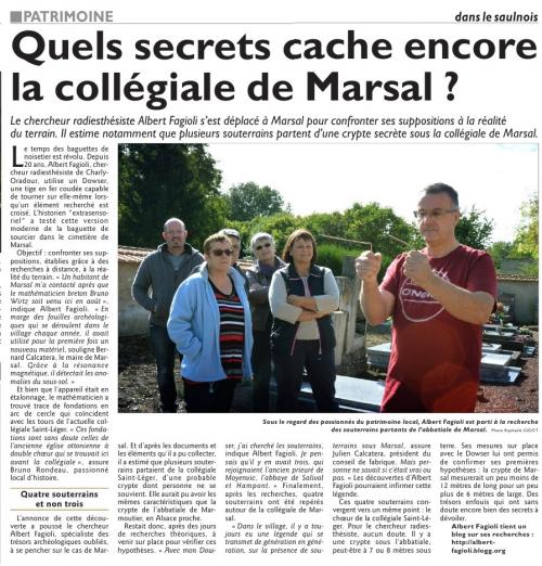 Le Républicain-Lorrain, éditions Sarrebourg, du 30 septembre 2015, " Quels secrets caches encore la Collégiale de Marsal ? " . (Vincent Debraine) (Photos : Raphaële Gigot) (Page 3)