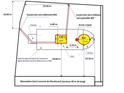 Voici le croquis des emplacements des deux cryptes et souterrains se trouvant dans le monastère de Saint -Laurent de Dieulouard. (Albert Fagioli)