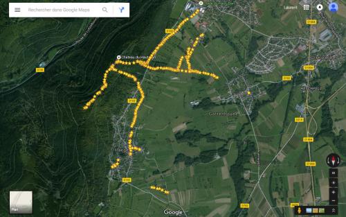 Les relevès GPS des souterrains du château du Haut Barr. (Albert Fagioli)(Photo Google Earth)