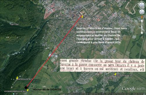 La distance entre la Tour de l'ancien château de Saverne au fameux Rocher dit de DIDACUS. (Photo Google Earth) (Albert Fagioli)