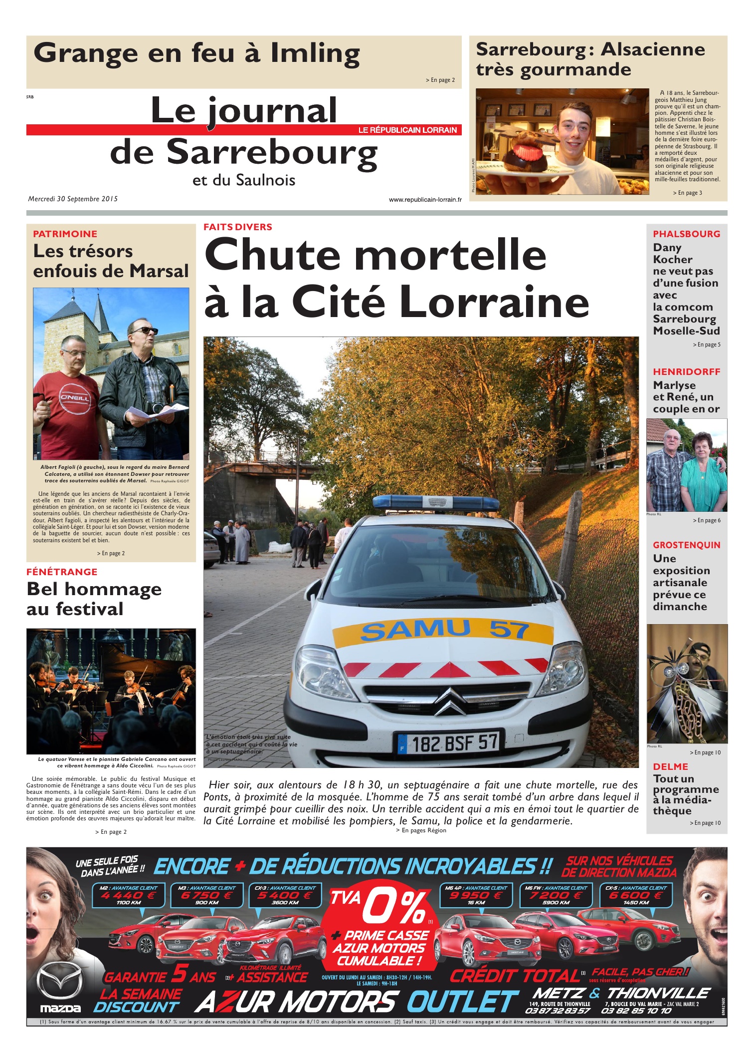 Le Républicain-Lorrain, éditions Sarrebourg, du 30 septembre 2015, » Quels secrets caches encore la Collégiale de Marsal ? » . (Vincent Debraine) (Photos : Raphaële Gigot)