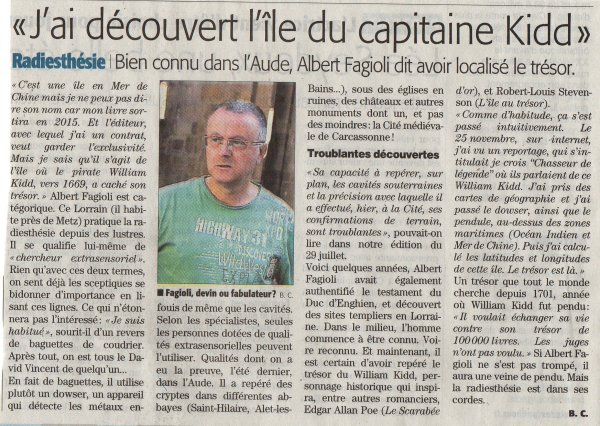 Voici le premier article parlant de » la découverte de l’ile au trésor du capitaine William Kidd « .(Bruno Coince du Midi-Libre/l’Indépendant du dimanche 07 décembre 2014)