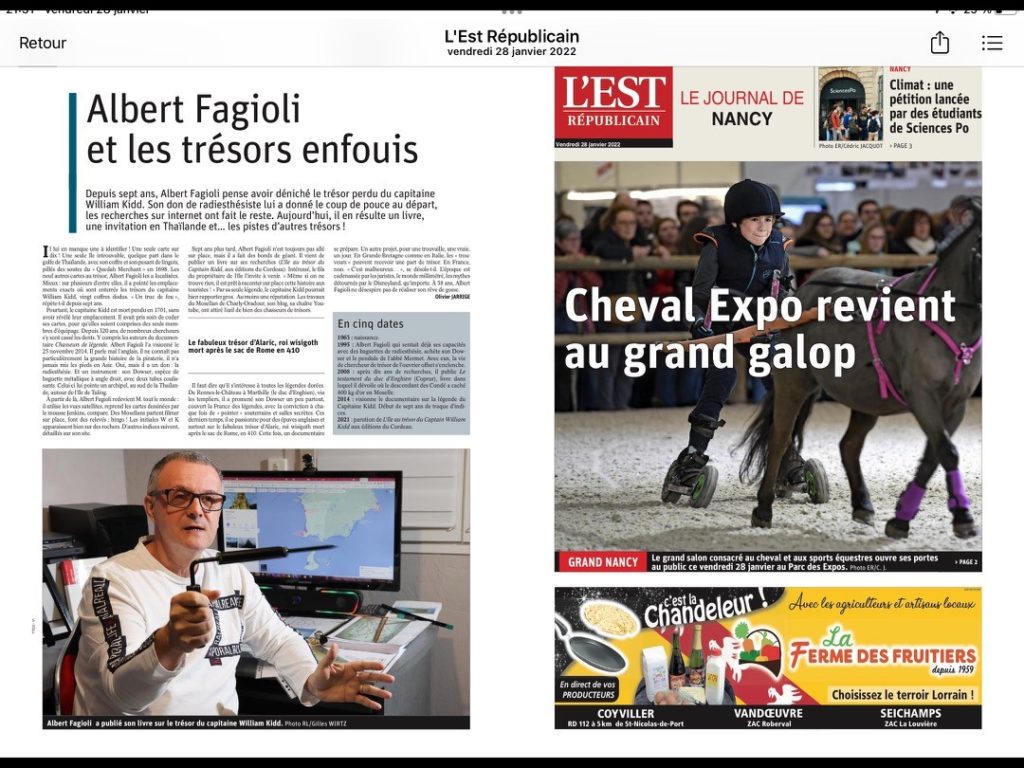 L’Est-Républicain du vendredi 28 janvier 2022, « Albert FAGIOLI et les trésors enfouis », par Olivier JARRIGE.